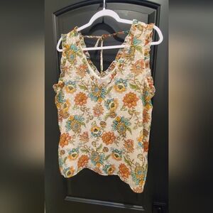 Floral Sleeveless Top with ruffled sleeves & tie back - Large